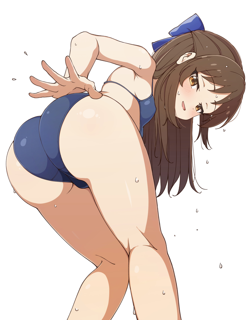 1girl absurdres ass bikini blue_bikini blue_bow bow breasts brown_eyes brown_hair commission feet_out_of_frame from_behind hair_bow half_updo highres idolmaster idolmaster_cinderella_girls idolmaster_cinderella_girls_u149 leaning_forward loli long_hair looking_back luilui_0525 simple_background skeb_commission small_breasts solo swimsuit tachibana_arisu teasing white_background