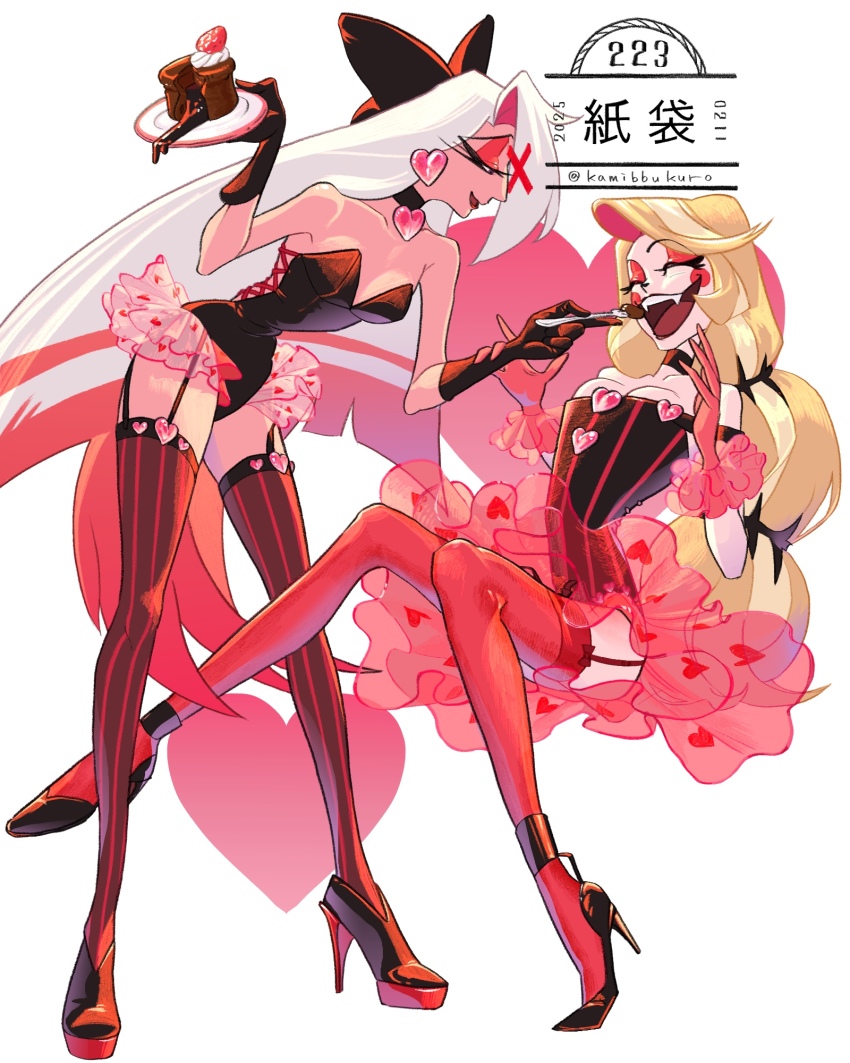 black_gloves black_leotard blonde_hair breasts cake charlie_morningstar circle_facial_mark cleavage colored_inner_hair couple demon_girl fangs feeding food fork frilled_gloves frills garter_straps gloves grey_hair hair_over_one_eye hazbin_hotel heart heart_print high_heels highres leotard long_hair multicolored_hair official_alternate_costume pink_gloves see-through_clothes see-through_skirt skirt vaggie very_long_hair wide_mouth yuri zhidai_(kamibbukuro)