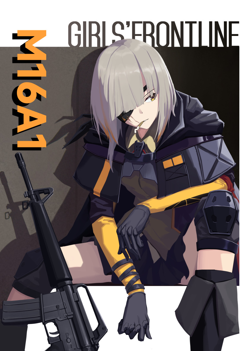 1girl absurdres assault_rifle black_boots black_gloves black_skirt black_socks boots brown_background brown_shirt character_name chinese_commentary cigarette commentary_request copyright_name eyepatch girls&#039;_frontline gloves gun highres knee_pads long_hair m16 m16a1 m16a1_(boss)_(girls&#039;_frontline) m16a1_(girls&#039;_frontline) mole mole_under_eye multicolored_hair orange_hair rifle scar scar_on_face shadow shirt simple_background sitting skirt socks solo spread_legs two-tone_background two-tone_hair unlit_cigarette_in_mouth weapon weapon_name white_background white_hair wutou_qishi_bamamei yellow_eyes