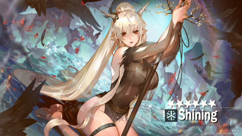 1girl arknights bare_shoulders black_one-piece_swimsuit breasts hair_between_eyes holding holding_staff horns infection_monitor_(arknights) large_breasts long_hair looking_at_viewer mcmclunar_(kaz) official_alternate_costume one-piece_swimsuit pointy_ears ponytail shining_(arknights) shining_(silent_night)_(arknights) sidelocks solo staff swimsuit thigh_strap very_long_hair white_hair