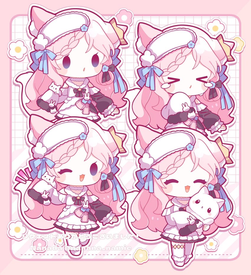 &gt;_&lt; 1girl :3 :d :o ;d ^_^ animal_ear_fluff animal_ears artist_name bare_shoulders black_ribbon blue_eyes blue_ribbon blush_stickers boots border braid character_request chibi chibi_only closed_eyes clothing_cutout commentary_request commission copyright_request crown dress fox_ears fox_girl fox_tail frilled_dress frills full_body grid_background hair_ribbon hand_up highres long_hair long_sleeves multiple_views nada_namie neck_ribbon one_eye_closed open_mouth outside_border parted_lips pink_border pink_hair rabbit ribbon shoulder_cutout single_braid skeb_commission sleep_mask sleeves_past_fingers sleeves_past_wrists smile solid_oval_eyes standing striped_background tail tears thighhighs twitter_username white_background white_boots white_dress white_thighhighs