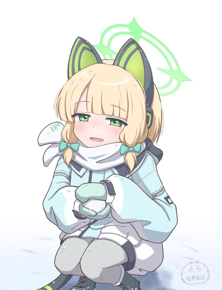 1girl absurdres animal_ear_headphones animal_ears aqua_coat artist_name blonde_hair blue_archive blush boots bow cat_ear_headphones cat_tail coat commentary_request dot_nose fake_animal_ears fake_tail full_body fur-trimmed_boots fur_trim green_bow green_eyes green_halo green_mittens grey_boots grey_pantyhose half-closed_eyes halo headphones highres holding holding_snowball hood hood_down hooded_coat knees_together_feet_apart lace-up_boots long_sleeves looking_at_viewer low-tied_sidelocks midori_(blue_archive) midori_(winter)_(blue_archive) mittens mugisepa multicolored_coat official_alternate_costume open_mouth pantyhose print_scarf puffy_long_sleeves puffy_sleeves scarf shadow short_hair sidelocks signature smile smug snow snowball solo squatting tail text_print white_background white_scarf winter winter_clothes winter_coat zipper