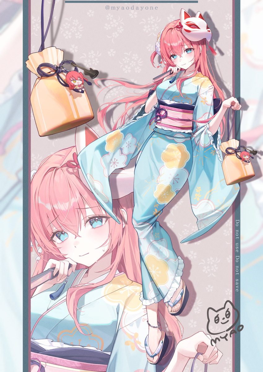 1girl absurdres alternate_costume anklet bag_charm barefoot blue_eyes blue_kimono blush bocchi_the_rock! character_charm charm_(object) folded_fan folding_fan fox_mask full_body gotoh_hitori hair_between_eyes hair_ornament hand_fan highres holding holding_fan japanese_clothes jewelry kimono kita_ikuyo long_hair long_sleeves looking_at_viewer mask myao_(myaodayone) one_side_up pastel_colors pink_hair sandals side_ahoge solo wide_sleeves yukata