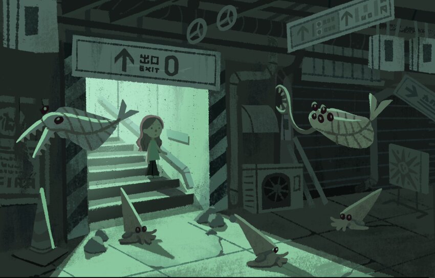 1girl ammonite anomalocaris commentary floating hashigodakart highres long_hair opabinia original prehistoric_animal road_sign sign stairs standing tile_floor tiles