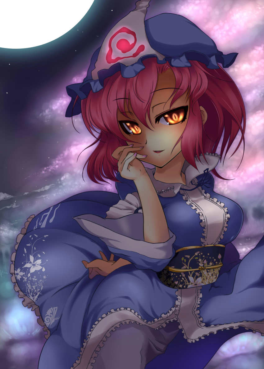 1girl absurdres bad_anatomy bad_hands bad_id bad_pixiv_id bad_proportions breasts female_focus hat highres jpeg_artifacts nature nickq outdoors pink_hair saigyouji_yuyuko short_hair sky solo touhou