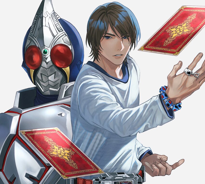 2boys animification armor black_hair blay_buckle blue_eyes bracelet card rider_belt dual_persona henshin henshin_pose highres index_finger_raised jewelry kamen_rider kamen_rider_blade kamen_rider_blade_(series) kenzaki_kazuma long_sleeves looking_at_viewer male_focus multiple_boys open_hand red_eyes rider_belt ring sasakura34 shirt spade_(shape) tokusatsu upper_body white_shirt