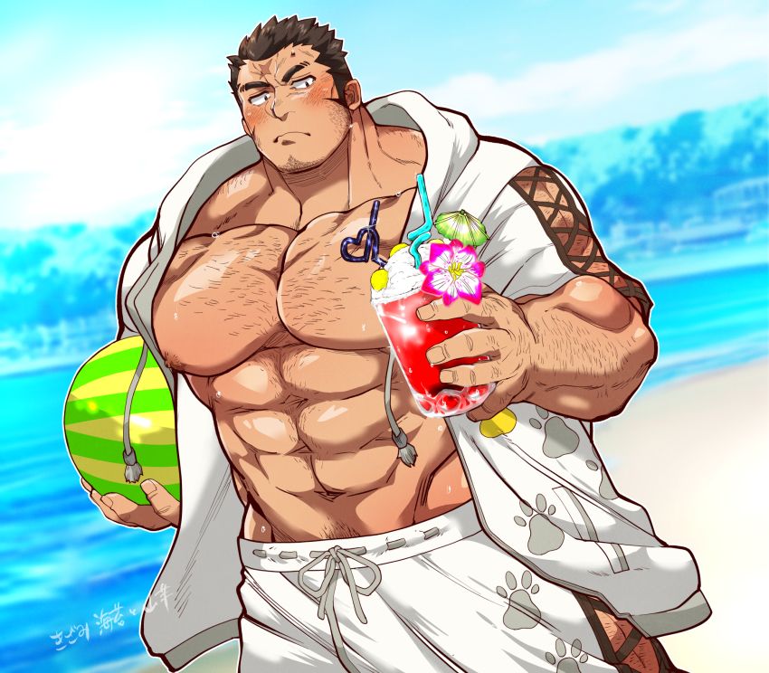 1boy abs ball bara beachball blue_sky blurry blurry_background blush brown_hair chest_hair crazy_straw cross-laced_clothes cross-laced_legwear cross-laced_sleeves cross_scar drink drinking_straw facial_hair heart_straw highres holding holding_ball holding_beachball holding_drink houzouin_oniwaka jacket kizami_nori_to_yamaimo large_pectorals long_sideburns male_focus mature_male muscular muscular_male navel nipples no_shirt official_alternate_costume open_clothes open_jacket paw_print pectorals pout scar scar_on_face scar_on_forehead short_hair sideburns sky solo stomach stubble sweatdrop thick_eyebrows tokyo_houkago_summoners upper_body