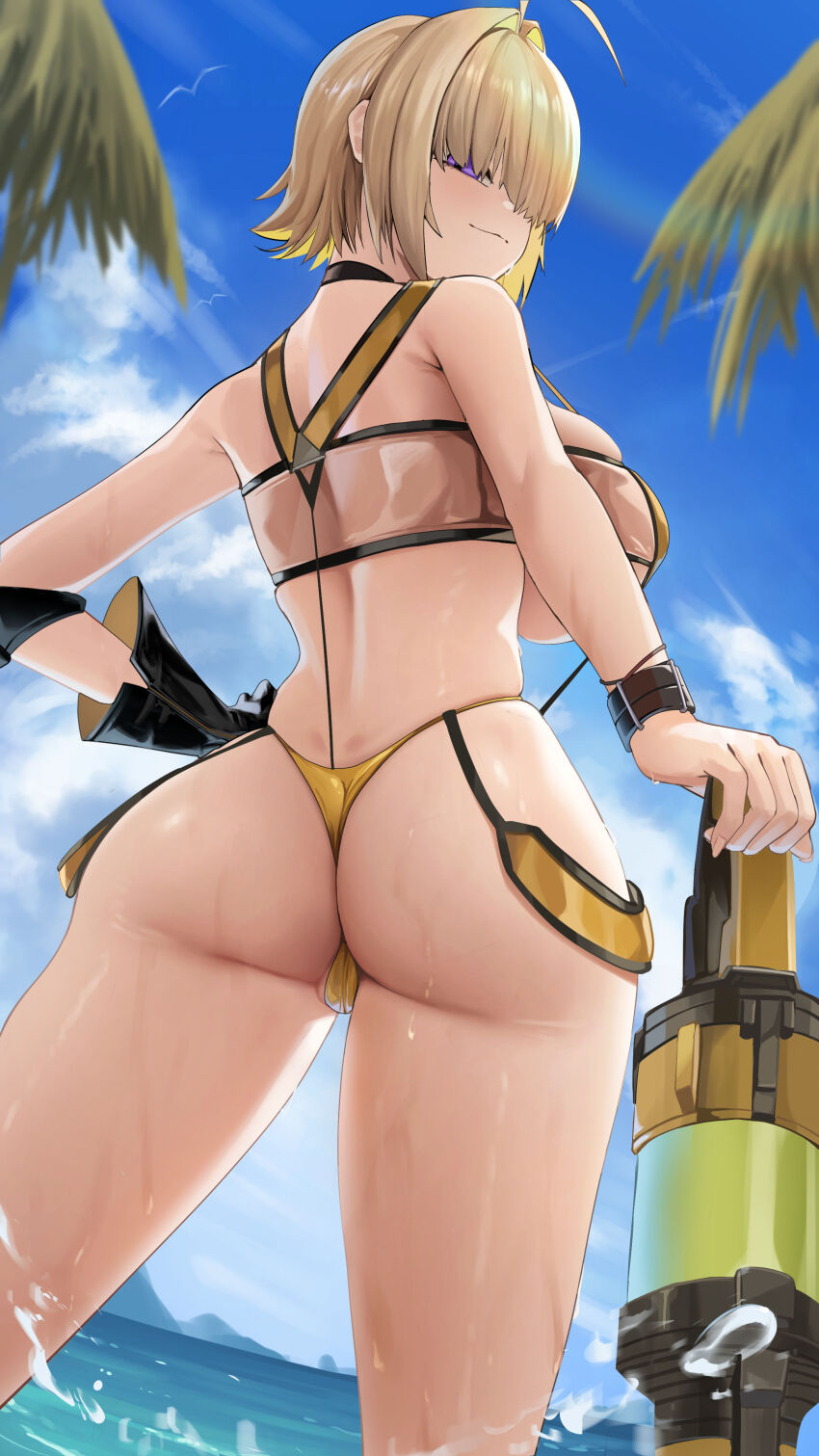 1girl ahoge alternate_costume ass ass_focus bare_shoulders bikini blonde_hair blush breasts dimples_of_venus elegg_(boom_and_shock)_(nikke) elegg_(nikke) from_behind from_below gloves goddess_of_victory:_nikke hair_over_eyes huge_ass huge_breasts looking_at_viewer looking_back looking_down partially_visible_vulva pitespear purple_eyes short_hair sideboob smile solo swimsuit thong thong_bikini water