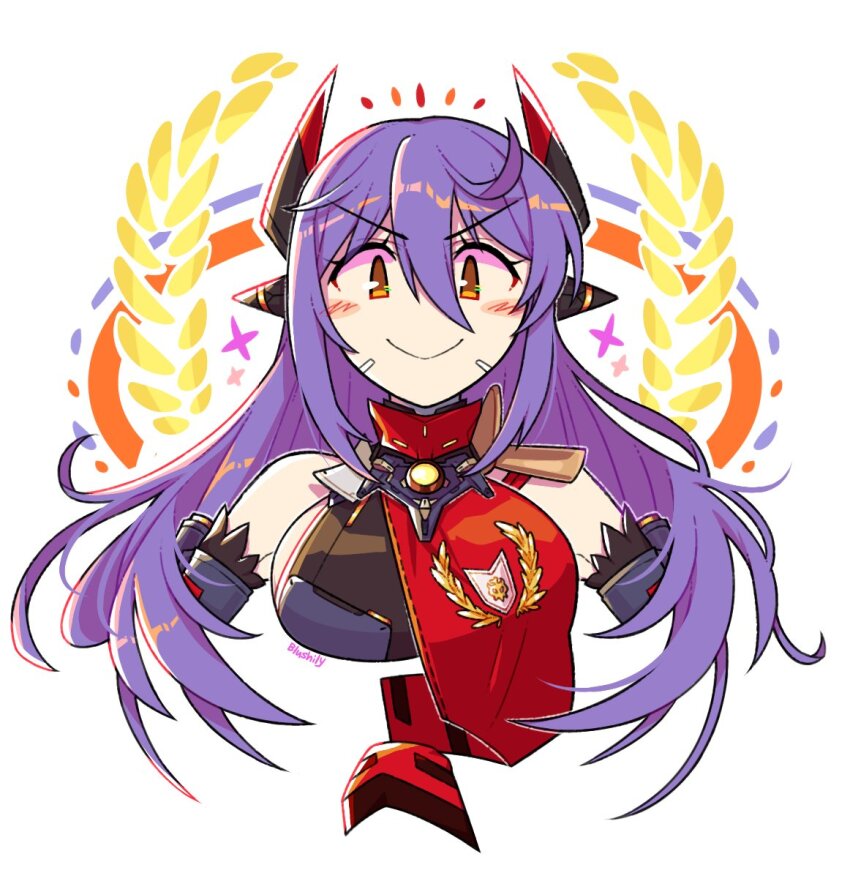 &gt;:) 1girl bare_shoulders blush_stickers blushily breasts brown_eyes closed_mouth commentary cropped_torso hair_between_eyes headgear long_hair looking_at_viewer medium_breasts poppi_(xenoblade) poppi_qt_(xenoblade) purple_hair simple_background smile solo upper_body v-shaped_eyebrows white_background xenoblade_chronicles_(series) xenoblade_chronicles_2