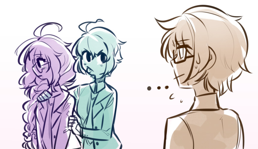 ... 1boy 2girls ahoge alternate_costume aqua_hair braid closed_mouth commentary danganronpa:_trigger_happy_havoc danganronpa_(series) danganronpa_another_episode:_ultra_despair_girls english_commentary flying_sweatdrops fukawa_toko glasses gloves hand_on_another&#039;s_arm hand_on_another&#039;s_shoulder jacket limited_palette long_hair long_sleeves mole mole_under_mouth multiple_girls naegi_komaru open_clothes open_jacket parucafe round_eyewear short_hair simple_background single_braid sweat togami_byakuya tongue tongue_out v-shaped_eyebrows white_background