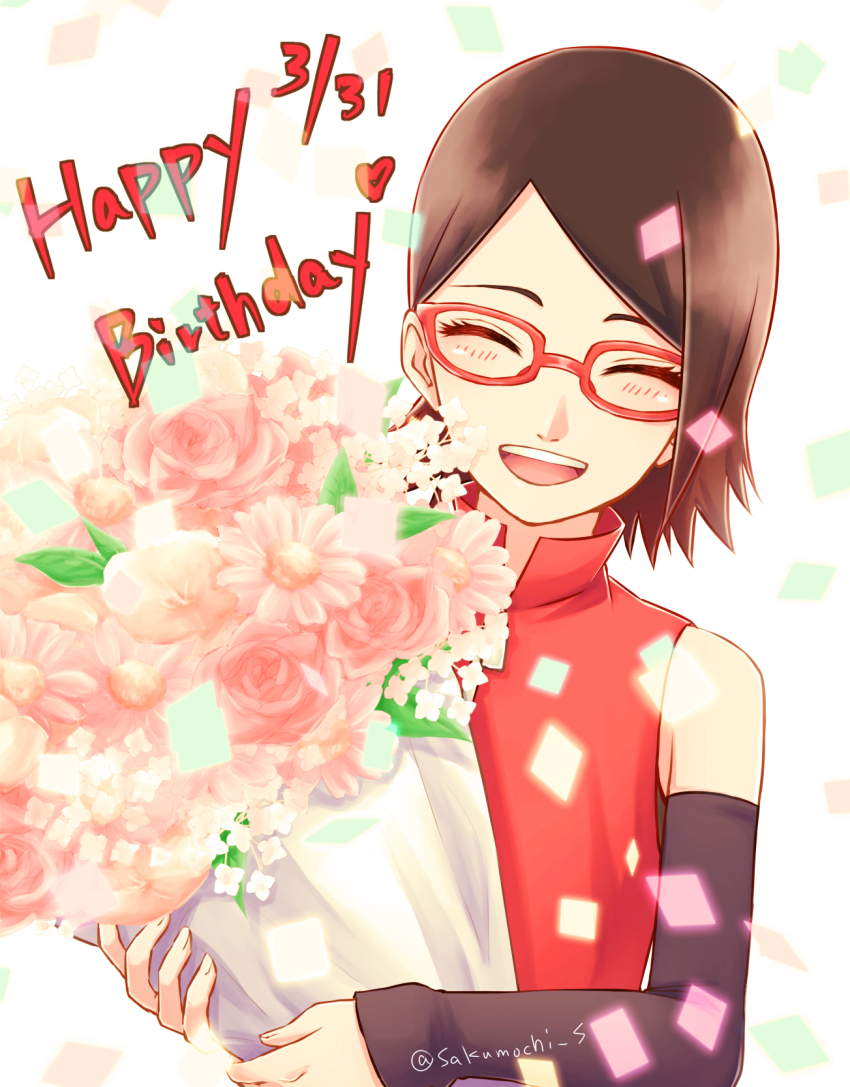 1girl black_hair blush boruto:_naruto_next_generations bouquet closed_eyes commentary dated detached_sleeves dress english_commentary facing_viewer flower glasses happy_birthday highres holding holding_bouquet mochiii-s naruto_(series) open_mouth red-framed_eyewear red_dress sleeveless sleeveless_dress solo teeth twitter_username uchiha_sarada upper_body upper_teeth_only