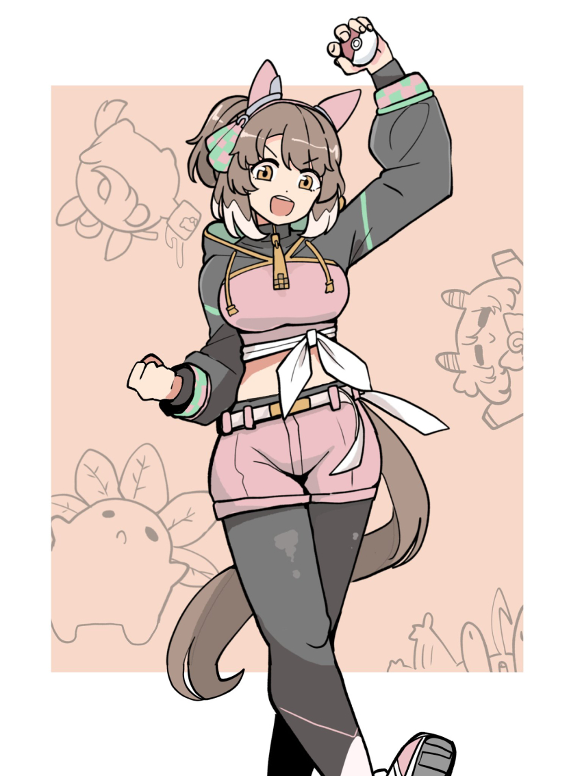 1girl animal_ears arm_up black_hoodie black_pantyhose bow brown_eyes brown_hair chibi chibi_inset creature cropped_hoodie dantsu_flame_(umamusume) ear_covers ear_ribbon highres holding holding_poke_ball hood hoodie kawamochi_(tddm3573) multicolored_hoodie nintendo open_mouth pantyhose parody pink_hoodie pink_ribbon pink_shorts poke_ball pokemon ribbon short_hair short_shorts shorts smile solo teeth umamusume upper_teeth_only