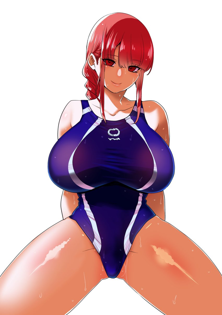 1girl absurdres alternate_breast_size arms_behind_back braid braided_ponytail breasts chainsaw_man competition_swimsuit highres huge_breasts long_hair looking_at_viewer makima_(chainsaw_man) one-piece_swimsuit perepere-kun red_hair smile solo swimsuit thighs wet white_background