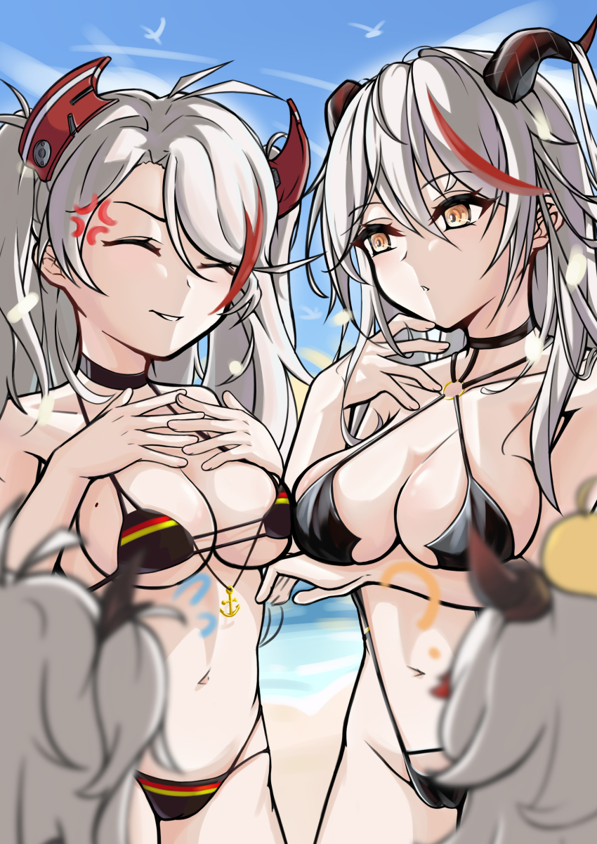 4girls ? a.i.n absurdres aegir_(azur_lane) aged_down alternate_costume anchor_ornament anger_vein animal animal_on_head antenna_hair arm_under_breasts azur_lane baby_animal bare_shoulders beach bikini bird black_bikini black_bow black_choker black_horns blue_sky blurry blurry_background bow breast_envy breasts chick chinese_commentary choker cleavage closed_eyes cloud collarbone commentary_request day dragon_girl dragon_horns false_smile fingernails flag_print flag_print_bikini german_flag german_flag_bikini german_flag_print grin hair_bow hair_on_horn halterneck hand_up headgear highres horns large_breasts little_aegir_(azur_lane) little_prinz_eugen_(azur_lane) long_hair manjuu_(azur_lane) mole mole_on_breast multicolored_hair multicolored_horns multiple_girls navel o-ring o-ring_bikini o-ring_top ocean official_alternate_costume on_head outdoors parted_lips print_bikini prinz_eugen_(azur_lane) prinz_eugen_(unfading_smile)_(azur_lane) red_hair sakura_ayane sand shore side-tie_bikini_bottom sky smile stomach streaked_hair swimsuit two_side_up very_long_hair voice_actor_connection water white_hair yellow_eyes