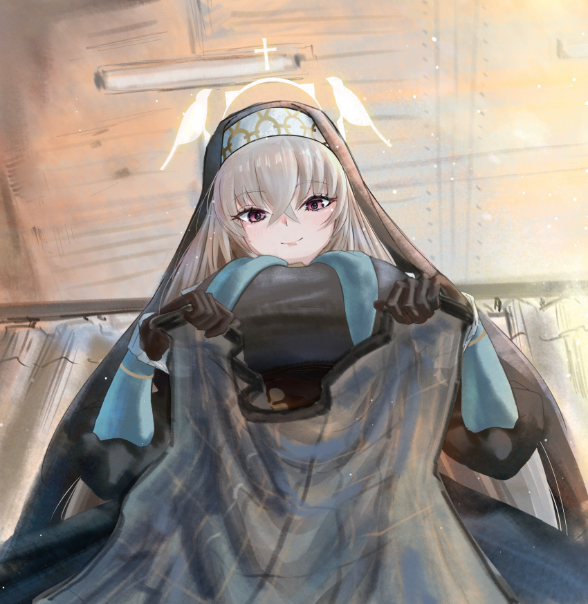 1girl absurdres black_dress black_gloves black_hat blue_archive blue_neckerchief closed_mouth clothes_lift crossed_bangs dress from_below gloves hair_between_eyes hat highres kc_ncp long_hair looking_at_viewer neckerchief nun purple_eyes sakurako_(blue_archive) sidelocks skirt skirt_lift smile solo white_hair