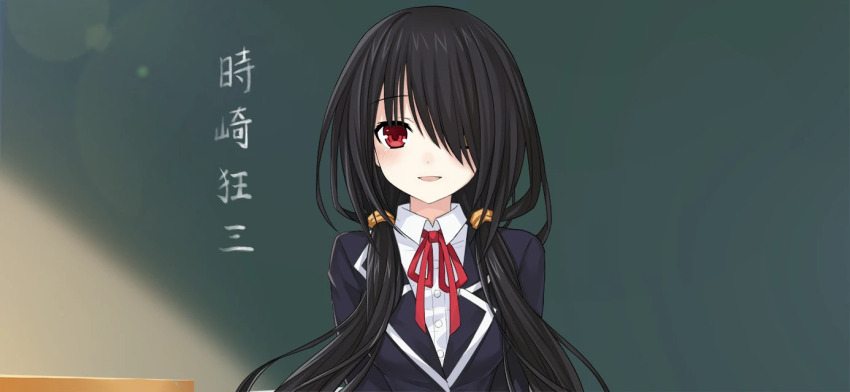 1girl black_hair black_jacket blazer breasts chalkboard collared_shirt date_a_live date_a_live:_spirit_pledge game_cg hair_over_one_eye heterochromia indoors jacket long_hair looking_at_viewer medium_breasts neck_ribbon official_art open_mouth raizen_high_school_uniform red_eyes red_ribbon ribbon school_uniform shirt smile solo third-party_source tokisaki_kurumi twintails white_shirt