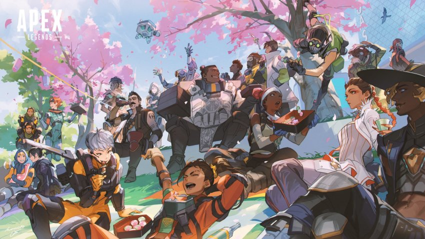 1other 6+boys 6+girls android apex_legends ash_(titanfall_2) bangalore_(apex_legends) beige_gloves bird black_bodysuit black_footwear black_headwear black_scarf blonde_hair bloodhound_(apex_legends) blue_bodysuit blue_eyes blue_jacket bodysuit boots braid breasts camera caustic_(apex_legends) cherry_blossoms classic_revenant cropped_jacket crossed_legs crow crypto_(apex_legends) d.o.c._health_drone dango dark-skinned_female dark-skinned_male dark_skin double_bun dreadlocks everyone facial_hair floating_hair food fuse_(apex_legends) gibraltar_(apex_legends) goggles green_scarf grey_hair hack_(apex_legends) hair_behind_ear hair_bun hand_in_pocket highres holding holding_camera holding_stuffed_toy hood hood_up horizon_(apex_legends) humanoid_robot iwamoto_zerogo jacket jetpack knee_boots knee_pads lifeline_(apex_legends) loba_(apex_legends) long_hair looking_down looking_up mad_maggie_(apex_legends) mask medium_breasts mirage_(apex_legends) missile_pod mouth_mask multiple_boys multiple_girls mustache navel octane_(apex_legends) official_art olympus_(apex_legends) open_hands open_mouth orange_bodysuit orange_hair pants pathfinder_(apex_legends) ponytail rampart_(apex_legends) red_hair revenant_(apex_legends) robot scarf seer_(apex_legends) short_hair simulacrum_(titanfall) sitting sky smile soul_patch stretching stuffed_toy tree twin_braids v-shaped_eyebrows valkyrie_(apex_legends) wagashi wattson_(apex_legends) white_bodysuit white_jacket white_pants wraith_(apex_legends)