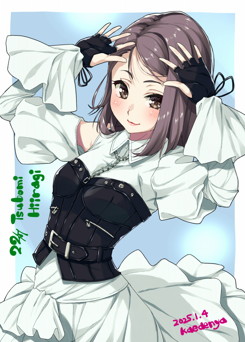 1girl 22/7 arm_up artist_name belt belt_buckle black_belt black_gloves blue_background bodice border buckle character_name closed_mouth collared_dress copyright_name cowboy_shot dated dress fingerless_gloves gloves grey_eyes grey_hair group_name highres hiiragi_tsubomi kisairo_kaede long_sleeves medium_hair outside_border rock_wa_shinanai smile solo standing white_border white_dress