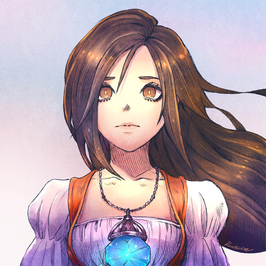 1girl artist_name bodysuit breasts brown_hair closed_mouth collarbone final_fantasy final_fantasy_ix floating_hair garnet_til_alexandros_xvii hair_between_eyes highres jewelry long_hair looking_at_viewer medium_breasts orange_bodysuit pendant puffy_sleeves rousteinire shirt solo upper_body white_shirt wind