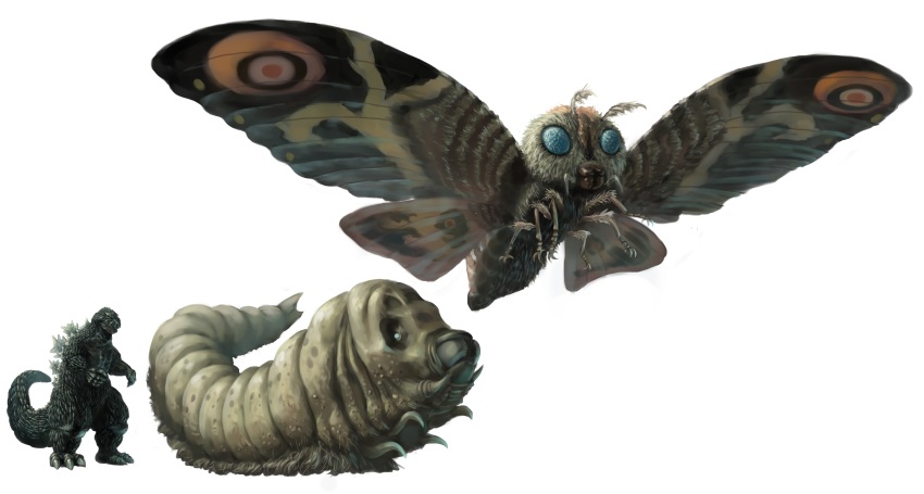 absurdres antennae blue_eyes bug butterfly caterpillar compound_eyes crossover dinosaur flying full_body giant giant_monster godzilla godzilla_(series) highres insect kaiju king_kong_(series) king_kong_vs._godzilla mandibles monster moth mothra mothra_(film) no_humans no_pupils simple_background spikes stinger tail toho ultra-taf white_background wings