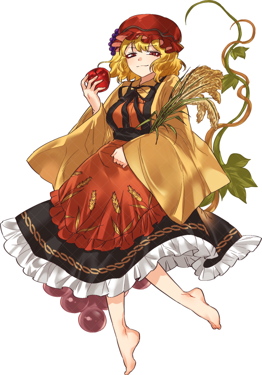 1girl aki_minoriko apple apron barefoot blonde_hair food food-themed_hair_ornament frilled_skirt frills fruit full_body grape_hair_ornament grey_nagato hair_ornament hat highres holding holding_food holding_fruit long_hair mountain_of_faith print_apron red_apron red_eyes red_hat short_hair simple_background skirt smile solo touhou wheat wheat_print white_background wide_sleeves