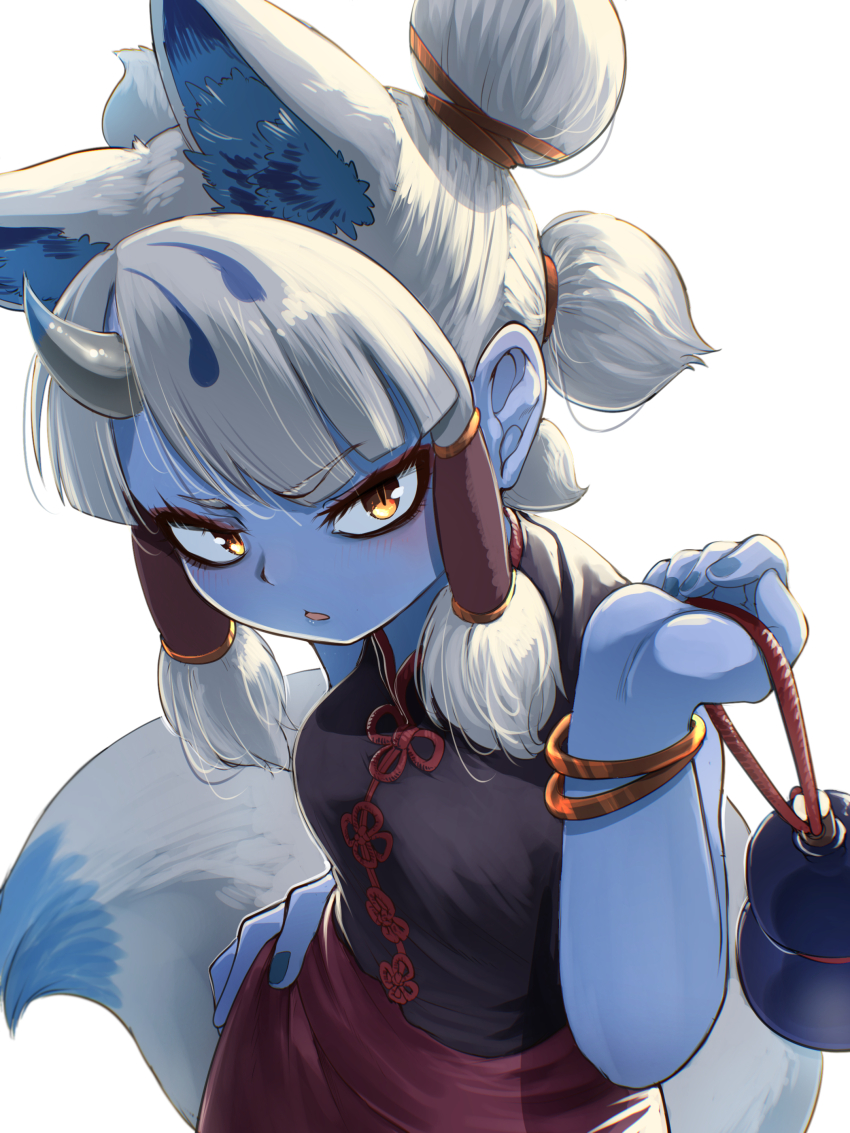1girl absurdres animal_ears bare_shoulders black_shirt blue_nails blue_skin blush chinese_clothes colored_skin cowboy_shot cowgirl_position extra_ears fox_ears fox_girl fox_tail ginkaku_(kemono_friends) gourd hair_tubes hand_on_own_hip highres holding holding_gourd horns kemono_friends mandarin_collar mcgunngu official_alternate_costume pencil_skirt quad_tails red_skirt red_trim shirt short_hair short_twintails sidelocks single_horn skirt sleeveless slit_pupils solo straddling tail twintails white_hair yellow_eyes