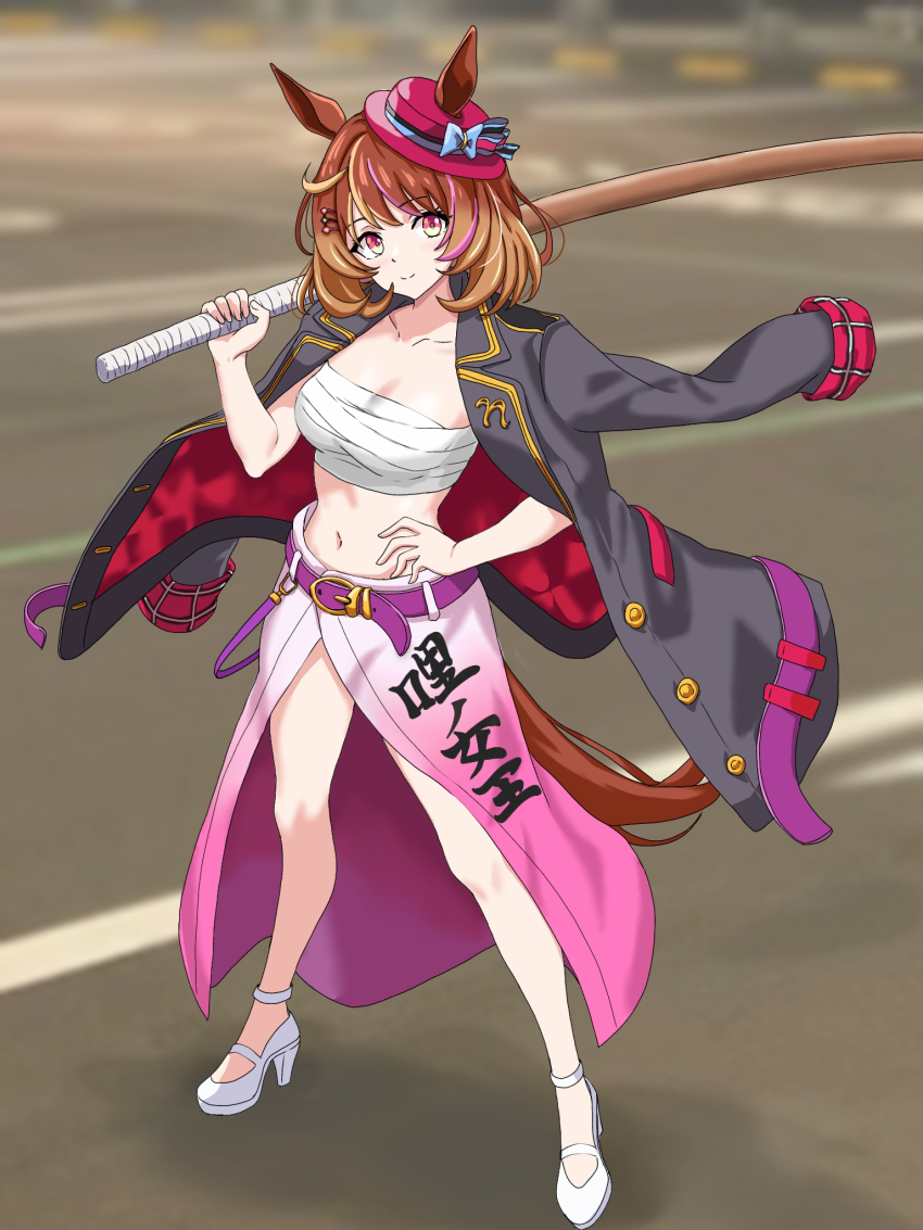 1girl animal_ears black_jacket blush bokken brown_hair chest_sarashi closed_mouth ears_through_headwear hand_on_own_hip hat high_heels highres holding holding_sword holding_weapon horse_ears horse_girl horse_tail jacket jacket_on_shoulders looking_at_viewer medium_hair north_flight_(umamusume) over_shoulder pink_eyes pink_hat pink_skirt sarashi shoes skirt smile solo sword tail umamusume weapon weapon_over_shoulder white_shoes wooden_sword zenbrush2