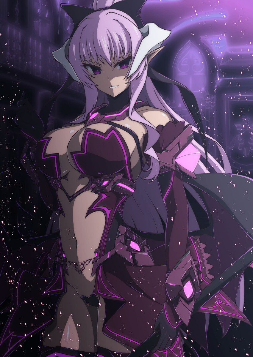 1girl absurdres alternate_color alternate_hair_color aoi_tabane bare_shoulders black_bow black_gloves black_thighhighs bow breasts cleavage corruption cowboy_shot crotch_plate dark-skinned_female dark_persona dark_skin demon_girl demon_horns demon_wings detached_collar elbow_gloves evil_smile gloves grin hair_bow high_ponytail highres holding holding_weapon horns kouyoku_senki_exs-tia large_breasts light_particles lilistia long_hair looking_at_viewer low_wings navel parted_lips pointy_ears ponytail purple_eyes purple_hair purple_thighhighs revealing_clothes ribbon rieszverne_suzette_paladill showgirl_skirt smile solo standing stomach thighhighs thighs very_long_hair weapon wings