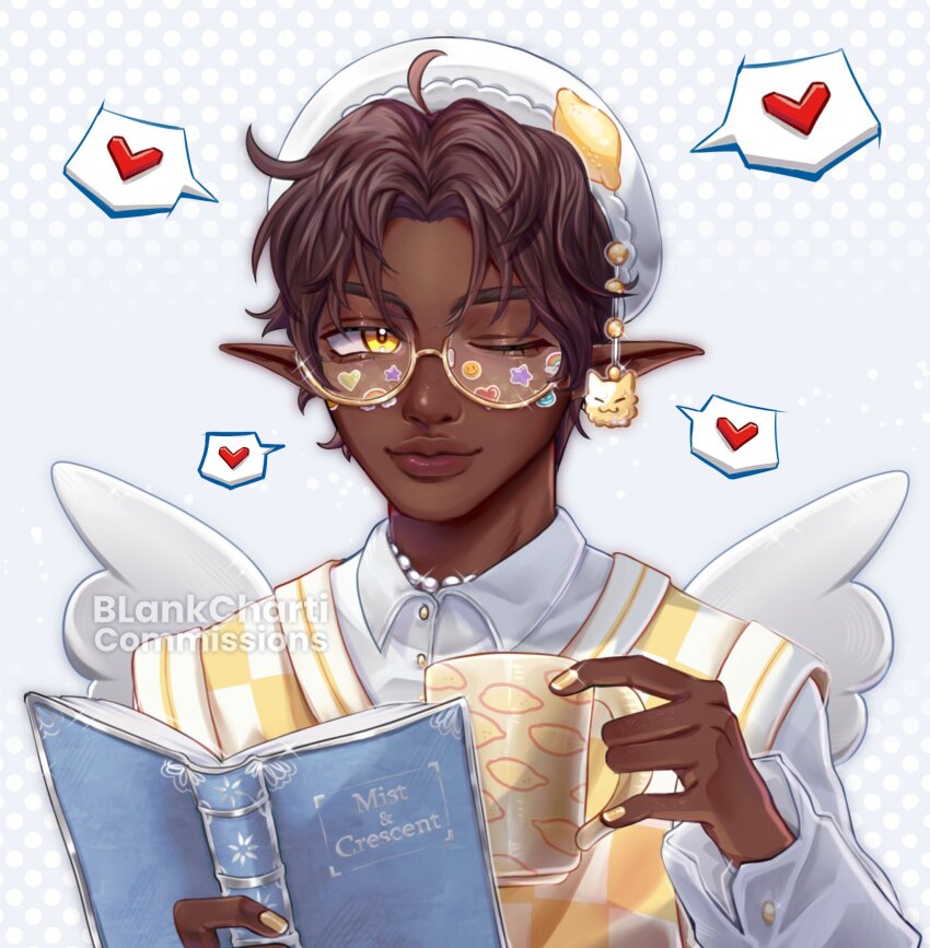 1boy ;) aegyo_sal ahoge angel_wings artist_name blankcharti book brown_hair checkered_sweater_vest choker closed_mouth collared_shirt commentary commission cup curtained_hair dark-skinned_male dark_skin english_commentary food-themed_hat_ornament food_print fruit_print glasses gold_buttons grey_background hands_up hat hat_ornament heart heart_sticker highres holding holding_book holding_cup lemon_hat_ornament lemon_print lips long_sleeves male_focus nail_polish one_eye_closed open_book pearl_choker player_character_(roblox) pointy_ears polka_dot polka_dot_background roblox round_eyewear royale_high semi-rimless_eyewear shirt short_hair simple_background smile solo sparkle spoken_heart star_sticker sticker_on_face sweater_vest two-tone_sweater_vest very_dark_skin watermark white_hat white_shirt white_sweater_vest white_wings wings yellow-framed_eyewear yellow_eyes yellow_nails yellow_sweater_vest