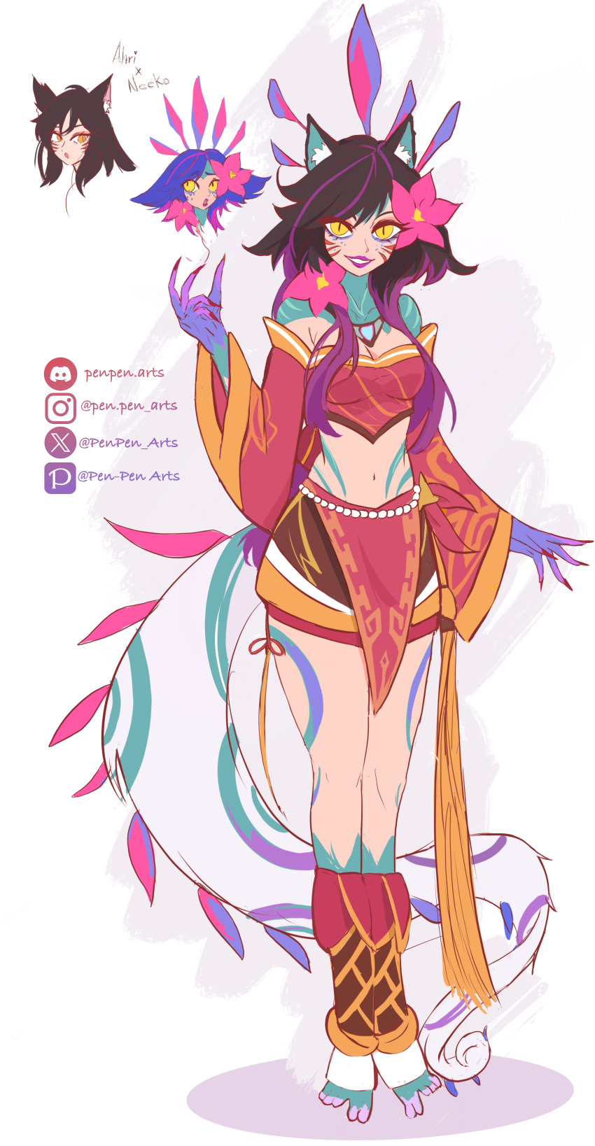 3girls :o absurdres ahri_(league_of_legends) animal_ear_fluff animal_ears bare_shoulders barefoot black_hair blue_hair bodypaint breasts brown_skirt character_name cleavage clothing_request colored_skin commentary cropped_shirt discord_logo discord_username english_commentary eyelashes facial_mark flower fox_ears fox_girl full_body fusion grin hair_flower hair_ornament hand_up head_only highres instagram_logo instagram_username layered_skirt league_of_legends lizard_tail long_hair long_sleeves medium_breasts multicolored_hair multicolored_skin multiple_girls navel neeko_(league_of_legends) open_mouth pelvic_curtain pen-pen_arts pixiv_logo pixiv_username purple_hair purple_lips red_nails red_skirt reptile_girl sharp_tail shirt simple_background skirt slit_pupils smile solo_focus standing stomach streaked_hair tail twitter_username twitter_x_logo two-tone_hair two-tone_shirt white_background wide_sleeves yellow_eyes yellow_shirt yellow_skirt