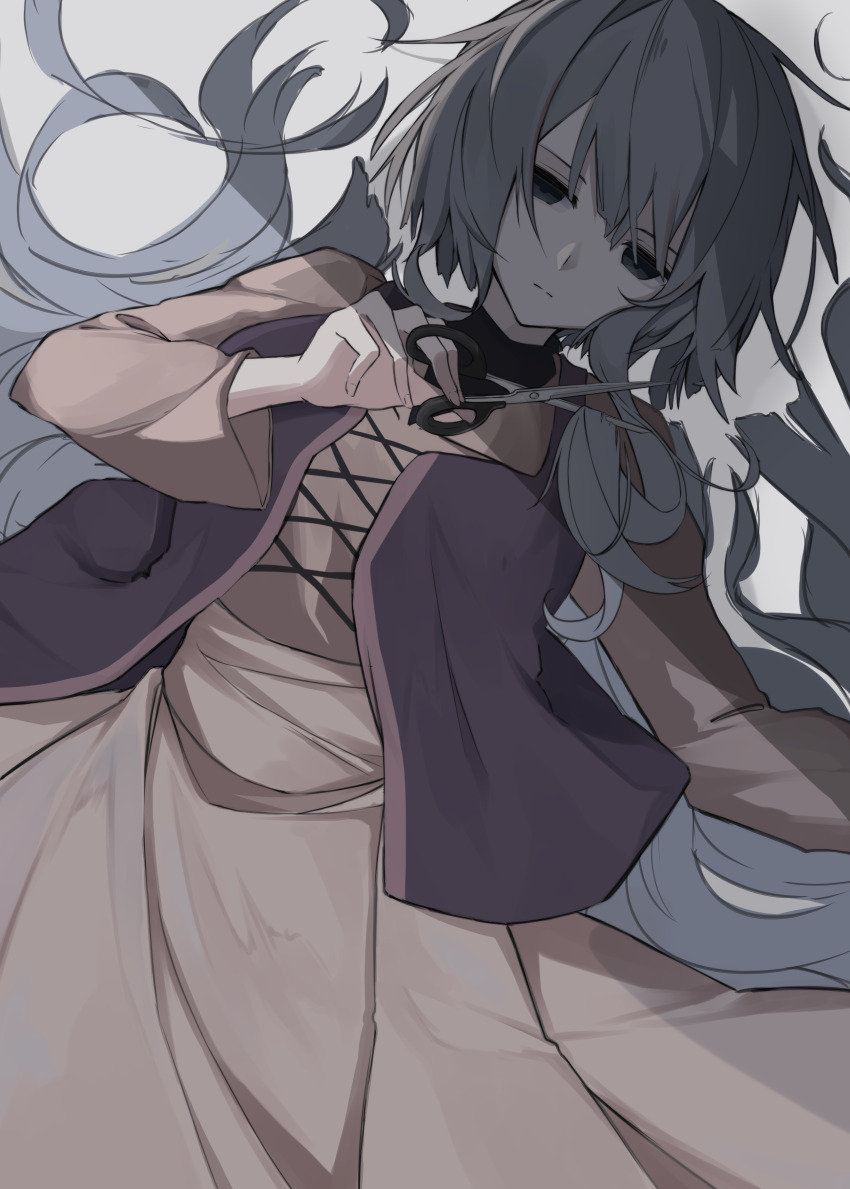 1girl absurdres blue_eyes blue_hair brown_dress closed_mouth cutting_hair cutting_own_hair dress empty_eyes fam_(grimms_notes) fam_(original)_(grimms_notes) grey_background grimms_notes highres iumi_urura long_hair looking_at_viewer lying purple_vest solo vest
