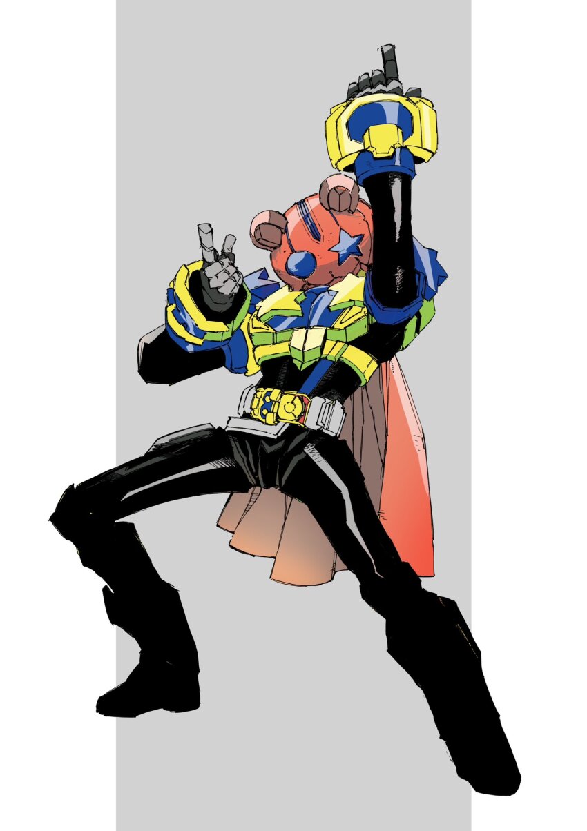 1boy arm_up armor bear bear_head black_armor black_bodysuit black_boots blue_eyes bodysuit boots cape desire_driver gauntlets gloves highres ichitaka_(1015ichitaka) index_finger_raised jack-o&#039;-lantern kamen_rider kamen_rider_geats_(series) kamen_rider_punkjack male_focus monster_buckle orange_cape pointing pointing_forward pointing_up rider_belt spread_legs star_(symbol) tokusatsu