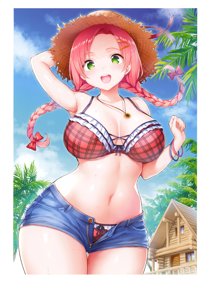 1girl :d absurdres arm_behind_head arm_up armpits bare_shoulders bikini black_bow blue_shorts blue_sky blush border bow bow_bikini bracelet braid breasts breasts_apart cloud cloudy_sky collarbone cowboy_shot curvy day denim denim_shorts eyebrows_hidden_by_hair fang fingernails flower flower_necklace forehead gluteal_fold green_eyes hair_bow hair_ornament hairclip hand_on_headwear hand_up hat highres hut jewelry large_breasts log_cabin long_hair looking_at_viewer navel necklace non-web_source open_fly open_mouth original outdoors palm_tree parted_bangs pink_bow pink_hair plaid_bikini plaid_clothes red_bikini scan shiny_skin short_shorts shorts sky smile solo standing stomach straw_hat summer sunflower sweat swimsuit teeth thigh_gap topless_female tree tsukumiya_amane twin_braids twintails unbuttoned upper_teeth_only white_border wide_hips