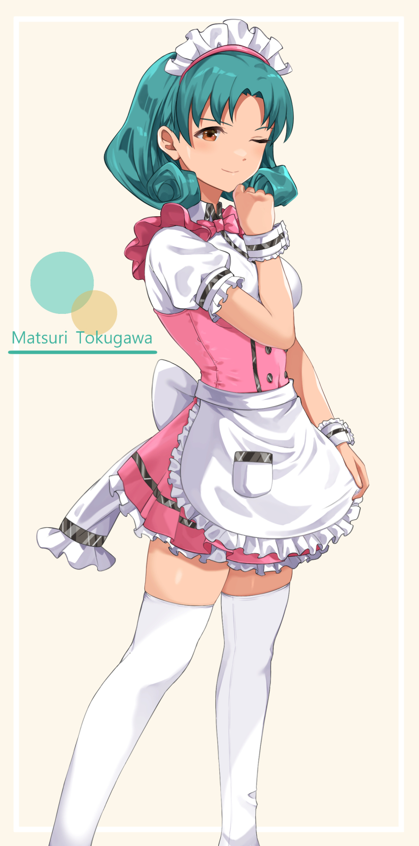 1girl absurdres apron blush bow bowtie breasts brown_eyes character_name clenched_hand closed_mouth curly_hair dot_nose dress frilled_apron frilled_skirt frills from_side green_hair hanamasa_ono hand_up highres idolmaster idolmaster_million_live! idolmaster_million_live!_theater_days looking_at_viewer medium_breasts miniskirt one_eye_closed parted_bangs pink_bow pink_bowtie pink_dress pretty_waitress_(idolmaster) puffy_short_sleeves puffy_sleeves short_hair short_sleeves skirt smile solo standing thighhighs tokugawa_matsuri v-shaped_eyebrows waist_apron waist_bow white_apron white_bow white_headdress white_thighhighs white_wrist_cuffs wrist_cuffs yellow_background zettai_ryouiki