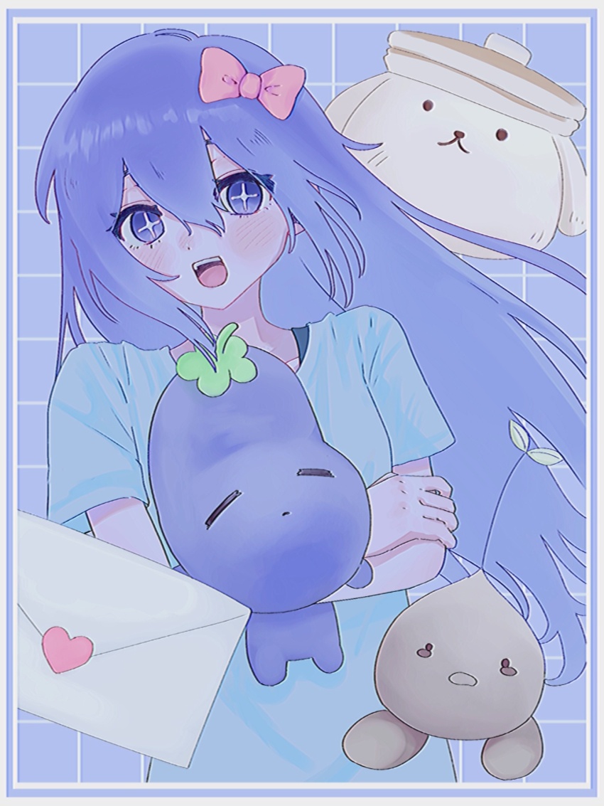 +_+ 1girl :d animal aubrey_(headspace)_(omori) aubrey_(omori) blue_background blue_shirt blush border bow breasts bright_pupils commentary crossed_arms double-parted_bangs envelope food grey_border grid_background hair_between_eyes hair_bow heart highres holding holding_stuffed_toy inset_border leaf long_hair looking_at_viewer mr._plantegg_(omori) mug1430 omori open_mouth pancake pancake_bunny_(omori) pancake_stack pink_bow purple_eyes purple_hair rabbit shirt short_sleeves sidelocks small_breasts smile solo sprout_mole straight-on straight_hair stuffed_eggplant stuffed_toy symbol-only_commentary teeth tongue upper_body upper_teeth_only white_pupils white_rabbit_(animal) wind