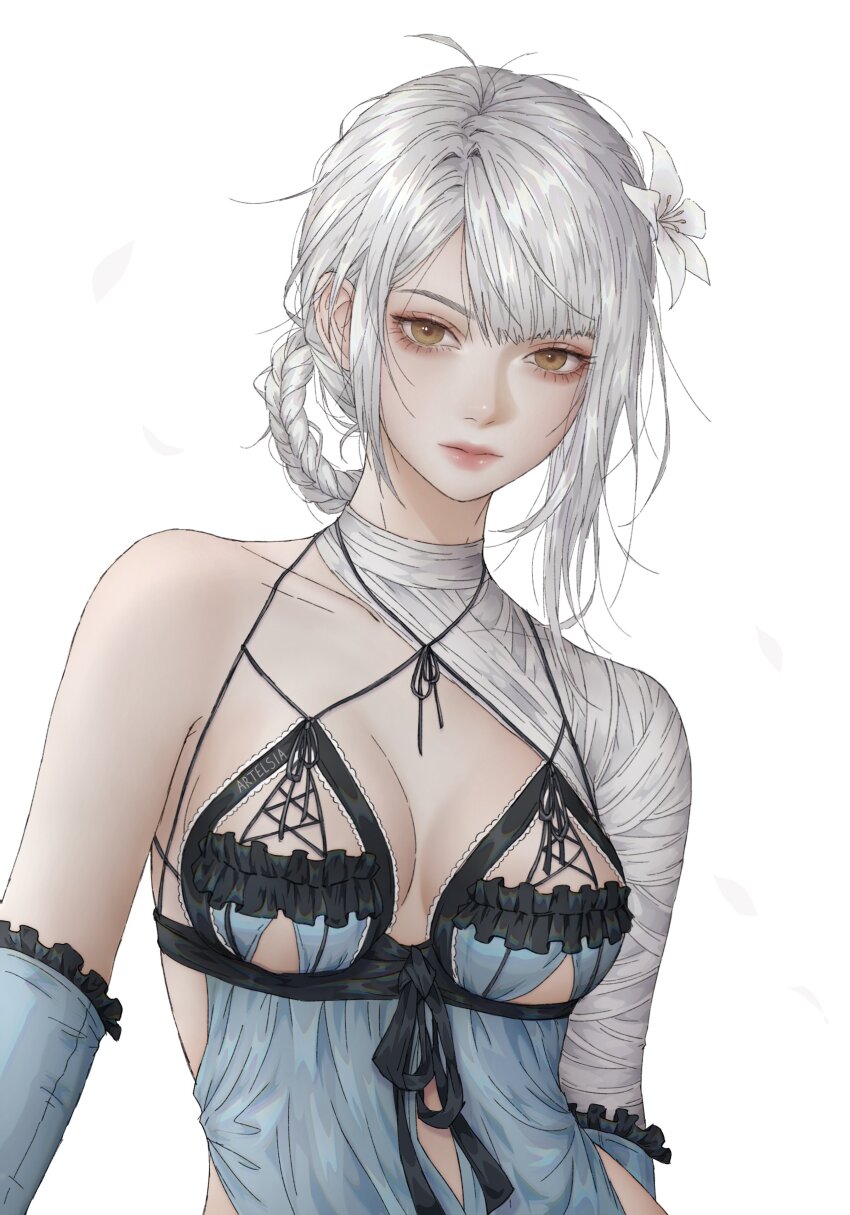 1girl absurdres artelsia artist_name bandaged_arm bandages braid braided_hair_rings closed_mouth detached_sleeves english_text falling_petals flower hair_rings highres kaine_(nier) lingerie looking_at_viewer nier nier_(series) petals pink_lips simple_background solo underwear upper_body white_background white_flower white_petals yellow_eyes