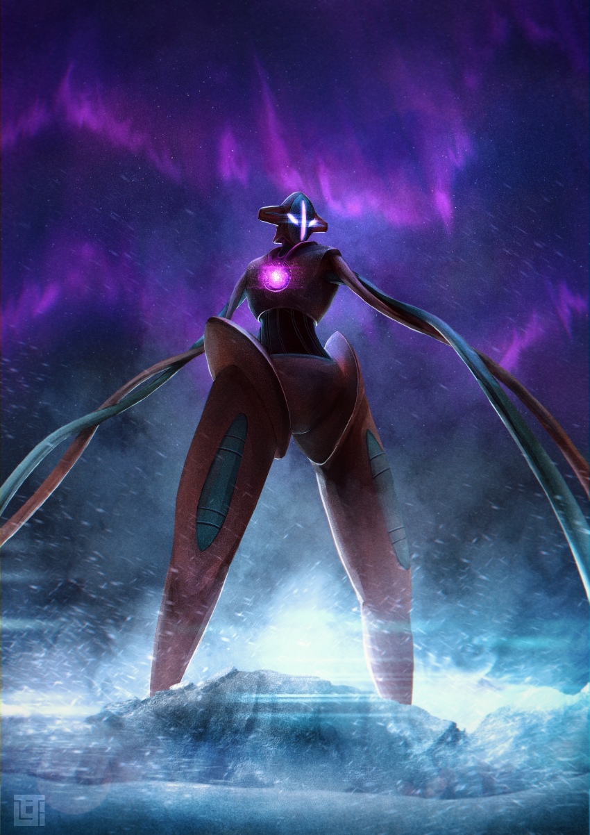 absurdres aurora blurry commentary_request deoxys deoxys_(normal) from_below gen_3_pokemon glowing glowing_eyes highres kozsen_810290 mythical_pokemon night nintendo outdoors pokemon pokemon_(creature) sky solo standing tentacles watermark