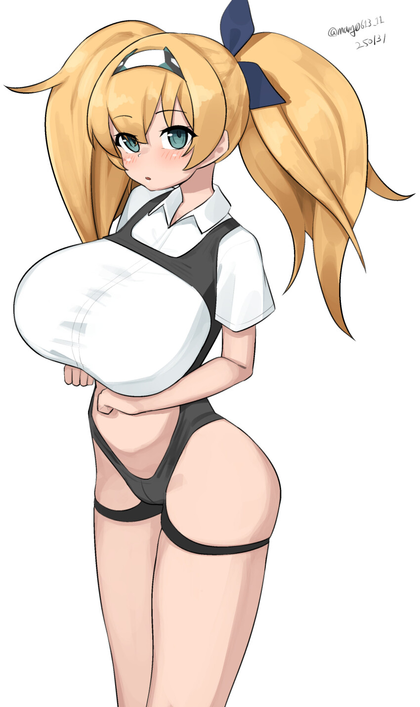 1girl absurdres blonde_hair blue_eyes breasts clothing_cutout collared_shirt dress_shirt drill_hair feet_out_of_frame gambier_bay_(kancolle) gambier_bay_mk_ii_(kancolle) hairband highres kantai_collection large_breasts leotard long_hair maru_(marg0613) multicolored_hairband navel_cutout one-hour_drawing_challenge shirt simple_background solo twin_drills white_background white_hairband white_shirt