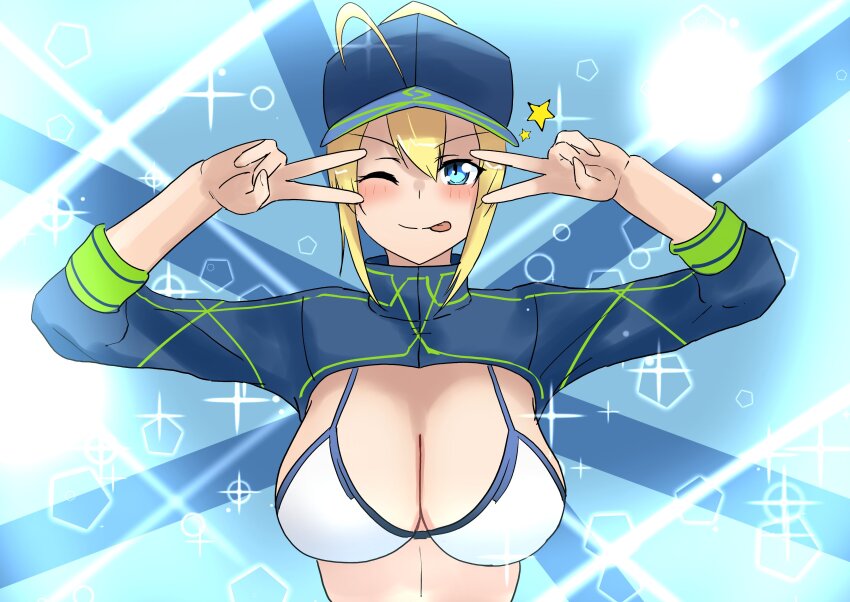 1girl absurdres ahoge artoria_pendragon_(fate) baseball_cap bikini blonde_hair blue_background blue_eyes blue_hat blue_jacket blush breasts cleavage closed_mouth double_v emotional_engine_-_full_drive fate/grand_order fate_(series) hair_between_eyes hair_through_headwear hands_up hat highres jacket large_breasts long_hair looking_at_viewer mysterious_heroine_xx_(fate) one_eye_closed parody ponytail s4ika shrug_(clothing) smile solo sparkle star_(symbol) swimsuit tongue tongue_out v
