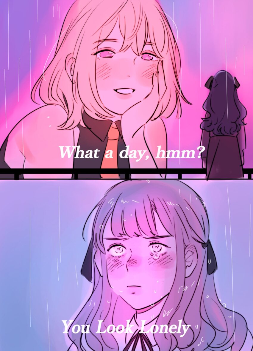 2girls bang_dream! bang_dream!_it&#039;s_mygo!!!!! black_ribbon black_shirt blade_runner_2049 blonde_hair blue_hair blush closed_mouth collared_shirt doloris_(bang_dream!) english_text goslingposting_(meme) highres long_hair looking_at_another medium_hair meme milfcookiesimp misumi_uika multiple_girls necktie orange_necktie pink_eyes rain ribbon shirt sleeveless sleeveless_shirt smile tears togawa_sakiko two_side_up white_shirt you_look_lonely_(meme)