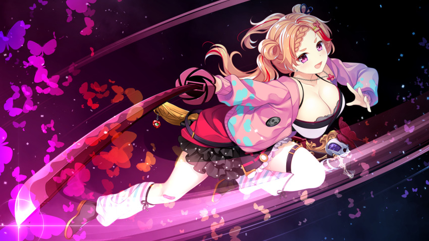 1girl akatsuki_yureru_koi_akari breasts cleavage double_bun female_focus floating_hair frilled_skirt frills full_body game_cg hair_bun hands_up happy hilt holding holding_sword holding_weapon jacket jewelry large_breasts legs looking_at_viewer loose_socks necklace open_clothes open_jacket open_mouth orange_hair original outstretched_arm pink_eyes shoes simple_background skirt smile socks solo sword thigh_strap thighs tobe_ririmu two_side_up usume_shirou weapon