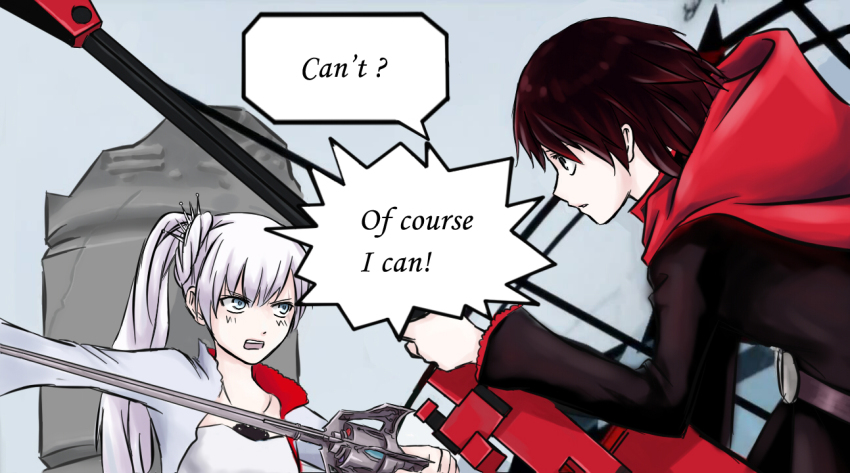 2girls black_eyes blue_eyes blush cape dress english_text holding_sword long_hair lyy multiple_girls ponytail rapier red_hair ruby_rose rwby scar scythe short_hair speech_bubble sword weapon weiss_schnee white_hair