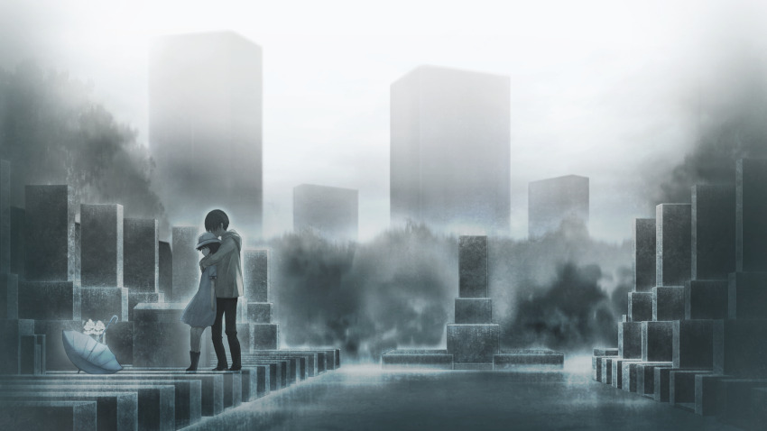 1boy 1girl aged_down arms_around_neck black_boots black_hair black_pants blue_dress blue_hat blue_umbrella bob_cut boots brown_jacket child cityscape cloud cloudy_sky dress fog game_cg graveyard grey_theme hair_over_eyes hat highres hug hug_from_behind huke jacket looking_down miniskirt non-web_source official_art okabe_rintarou pants shiina_mayuri short_hair skirt sky standing steins;gate steins;gate_0 umbrella