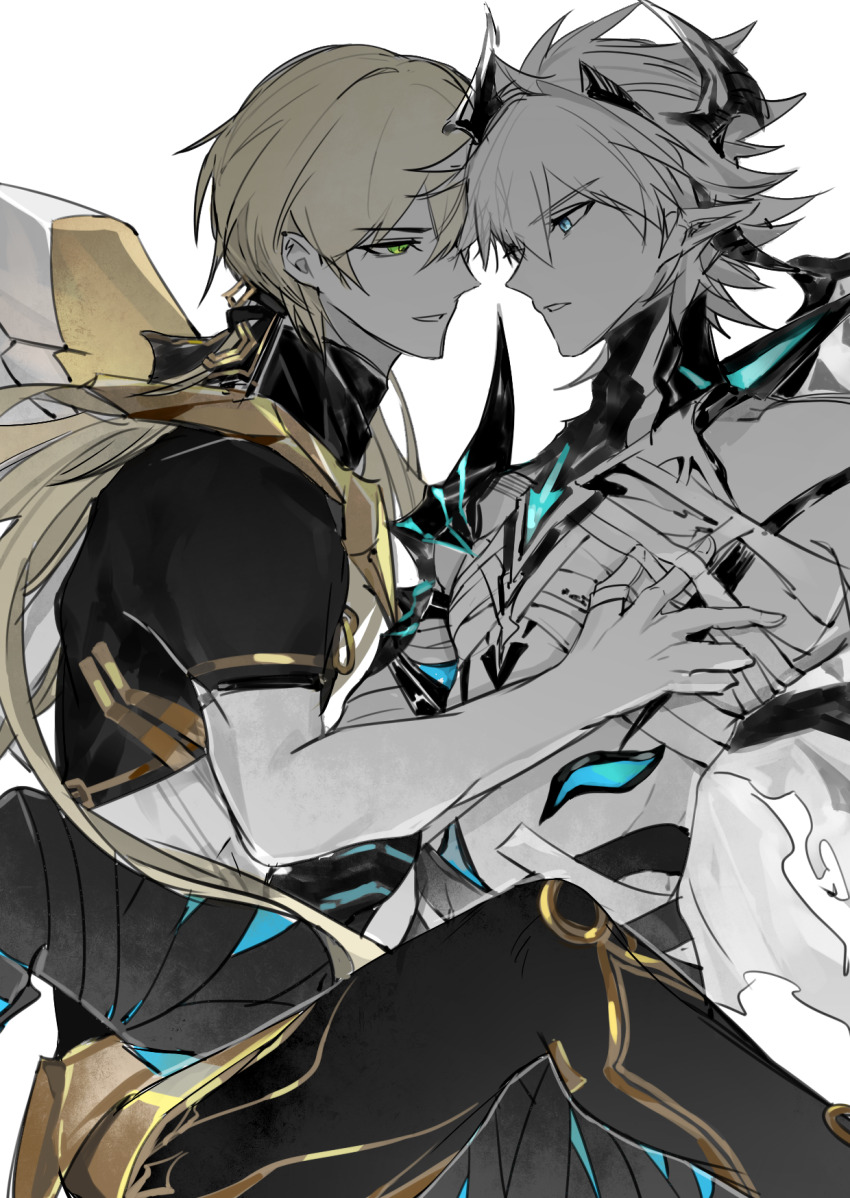 2boys armor bandaged_chest bandaged_leg bandages blonde_hair blue_eyes chinese_commentary chinese_text kevin_kaslana_(diabolic) glowing glowing_eyes green_eyes hair_between_eyes hand_on_another&#039;s_chest headpiece heads_together highres honkai_(series) honkai_impact_3rd kevin_kaslana leaning_back leaning_forward leaning_on_person long_hair looking_at_another low_ponytail multiple_boys otto_apocalypse pants parted_lips partially_colored pointy_ears ponytail qieazhibingjiling short_hair short_sleeves shoulder_armor simplified_chinese_text white_background white_hair yaoi