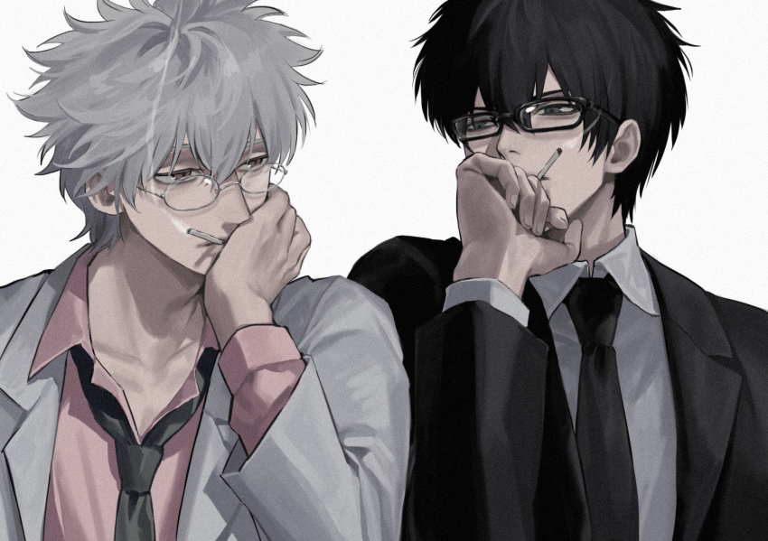 2boys black_jacket black_necktie cigarette collarbone collared_shirt formal_clothes gintama glasses green_necktie highres hijikata_toushirou holding holding_cigarette jacket lab_coat long_sleeves messy_hair multiple_boys necktie official_alternate_costume pink_shirt sakata_gintoki shirt smoking white_shirt wing_collar xi_hsi