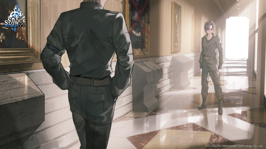 1boy 1girl aged_down angelia_(girls&#039;_frontline) armband artist_request belt blonde_hair boots brown_boots ceiling_light closed_mouth commentary company_name copyright_notice crossed_out day english_commentary eyes_visible_through_hair girls&#039;_frontline gloves green_jacket green_pants hair_over_one_eye hallway hands_on_own_hips head_out_of_frame highres jacket light_rays long_sleeves looking_at_another martha_meitner_(girls&#039;_frontline) military_uniform official_art paint pants plaque portrait_(object) ramzan_(girls&#039;_frontline) second-party_source short_hair standing step-siblings vandalism