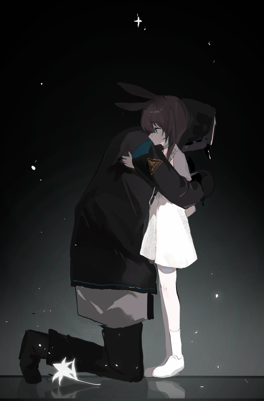 1girl 1other absurdres amiya_(arknights) animal_ears arknights black_coat black_gloves black_pants black_shoes blue_eyes brown_hair child chinese_commentary closed_mouth coat commentary_request doctor_(arknights) dress from_side gloves highres hood hood_up hooded_coat hug kneeling kuma_(yoooooooo152) long_hair pants rabbit_ears shoes socks white_dress white_shoes white_socks
