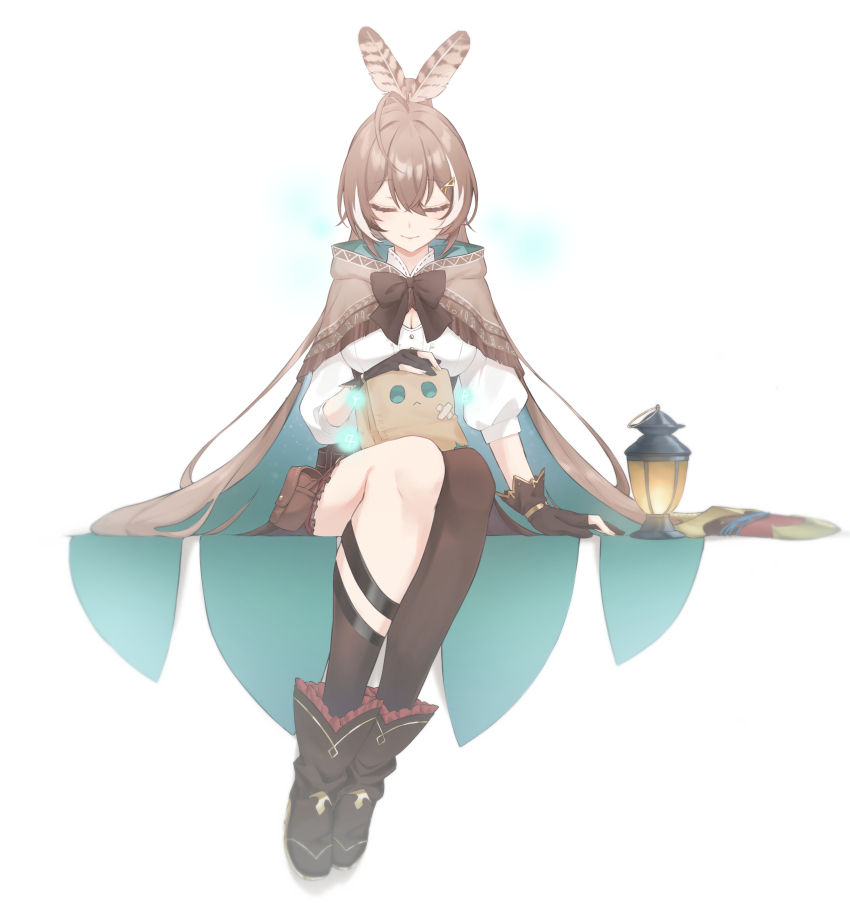1girl a9_(repainter) absurdres archery_shooting_glove belt belt_pouch black_hair boots bow bowtie brown_boots brown_bow brown_bowtie brown_cape brown_corset brown_hair cape cleavage_cutout closed_eyes closed_mouth clothing_cutout commentary corset dagger feather_hair_ornament feathers friend_(nanashi_mumei) gloves hair_ornament hairclip high_collar high_ponytail highres hololive hololive_english hood hooded_cape knee_strap kneehighs knife lantern legs_together long_hair miniskirt multicolored_hair nanashi_mumei nanashi_mumei_(1st_costume) partially_fingerless_gloves pleated_skirt ponytail pouch red_skirt sheath sheathed shirt single_kneehigh single_sock single_thighhigh sitting skirt smile socks solo split_ponytail streaked_hair symbol-only_commentary thighhighs three-quarter_sleeves two-sided_cape two-sided_fabric underbust very_long_hair virtual_youtuber weapon white_hair white_shirt
