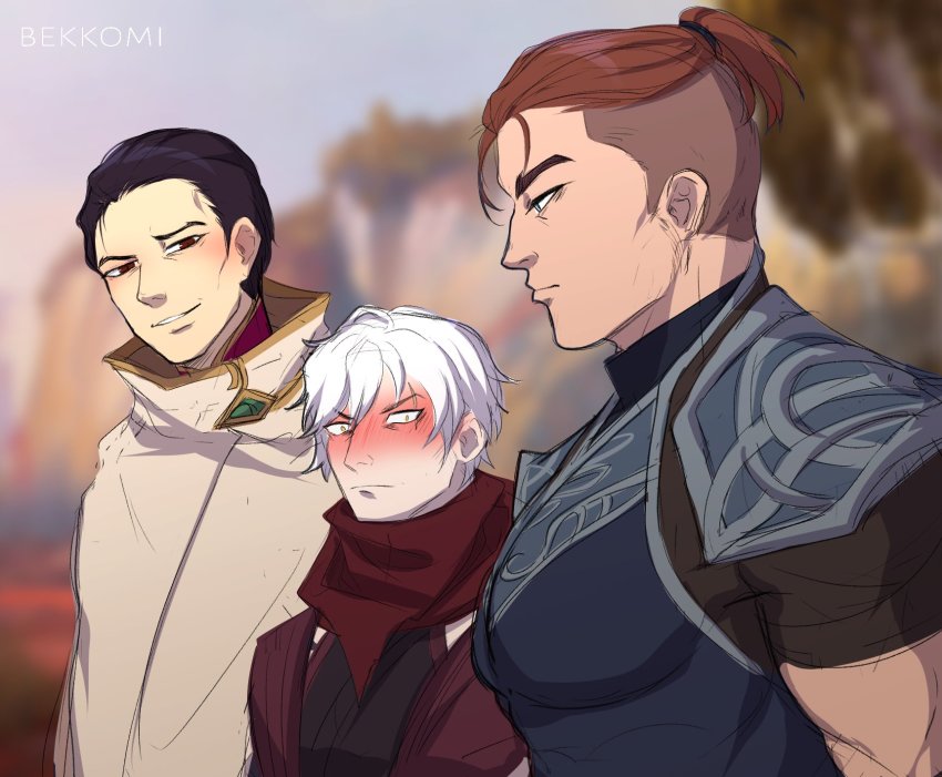 3boys bara bekkomi blush breast_envy character_request copyright_request from_side girl_staring_at_guy&#039;s_chest_(meme) highres looking_at_another looking_down male_focus meme multiple_boys muscle_envy muscular muscular_male nose_blush pectorals ponytail shirt short_hair sideburns smile tight_clothes tight_shirt undercut upper_body