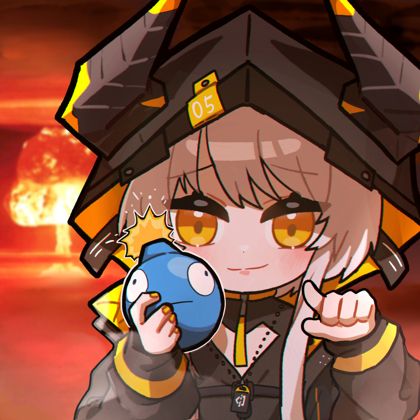 1girl absurdres black_hood black_jacket black_shirt bomb cleavage_cutout clothing_cutout commentary dog_tags english_commentary explosion explosive fake_horns hair_between_eyes heart_cutout highres holding holding_bomb horns index_finger_raised jacket karenina:_blast_(pgr) karenina_(pgr) light_blush long_hair looking_at_viewer mushroom_cloud nail_polish nuclear_explosion open_clothes open_jacket pointing pointing_at_viewer pong2 punishing:_gray_raven shirt sidelocks smile solo upper_body white_hair yellow_eyes yellow_nails